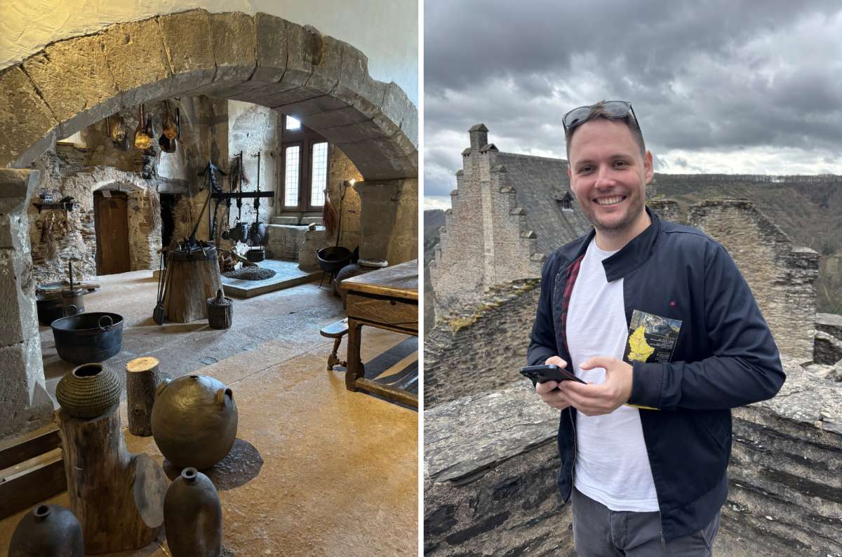 a photo of the interior of one of the rooms in Vianden Castle and a photo of a tourist posing outside of the castle, Luxembourg, photo by Next Level of Travel