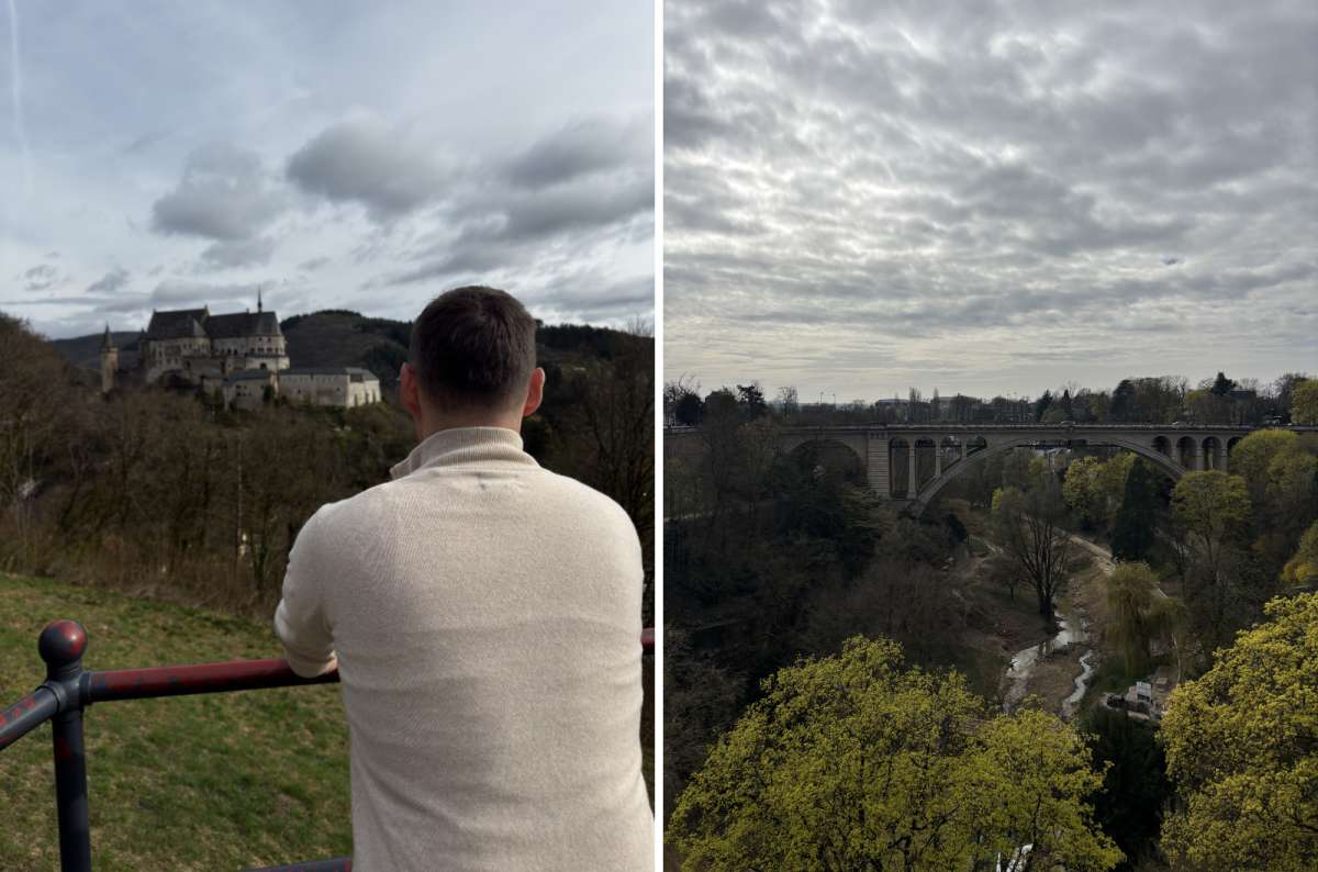 a tourist looking at the Vianden castle from afar with the beautiful scenery surrounding it, next to a photo of the Adolphe bridge, Luxembourg, photo by Next Level of Travel
