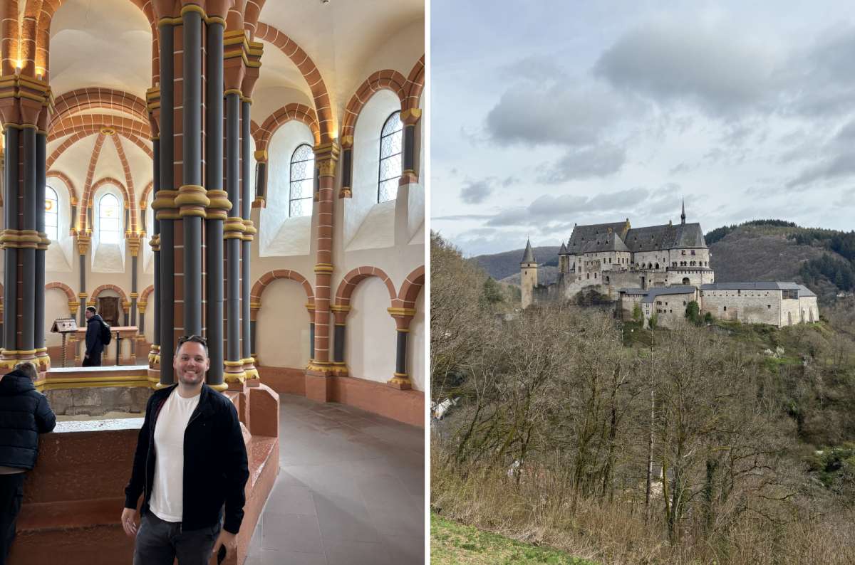 a tourist posing inside the Vianden Castle, its decorative interior and the outside of the castle from afar, Luxembourg, photo by Next Level of Travel