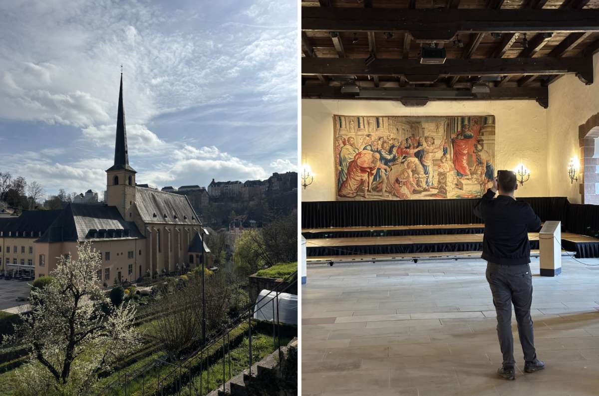 the Neumünster Abby complex next to a photo of a tourist taking a picture of a tapestry in a museum, Luxembourg, photo by Next Level of Travel
