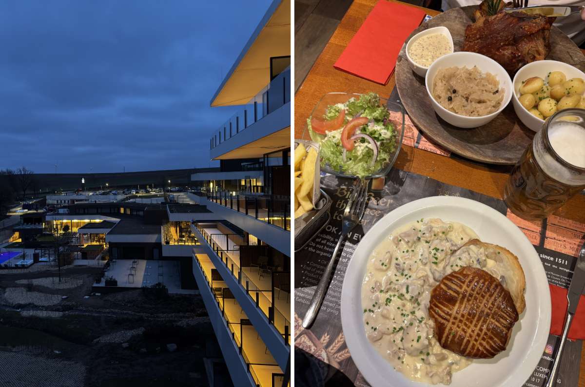 the view from the Anatura hotel room balcony after sunset with a pool visible in the background, next to a photo of two traditional European meals, Luxembourg, photo by Next Level of Travel