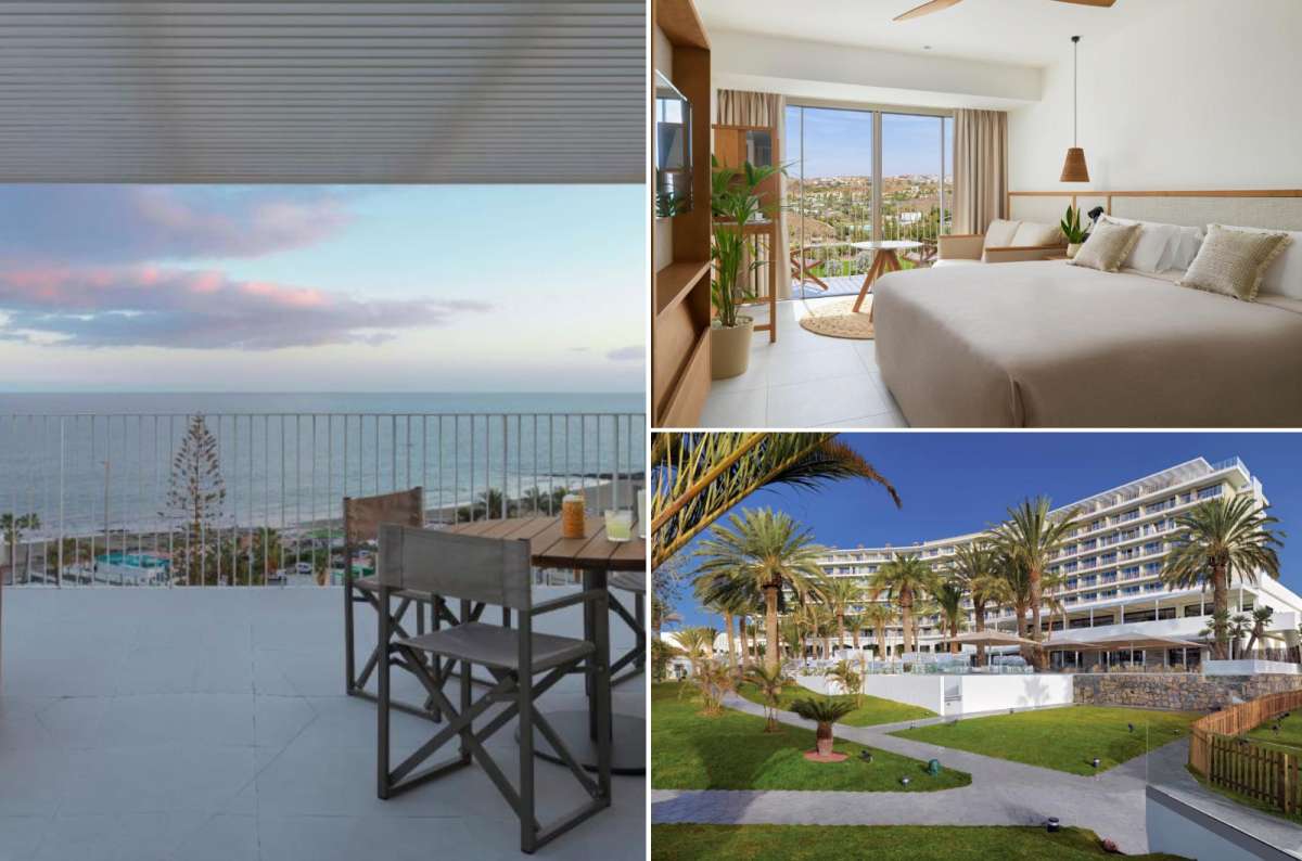  a collage showing the room, ocean view balcony, and exterior grounds of the Paradisus Gran Canaria hotel in Maspalomas, Gran Canaria