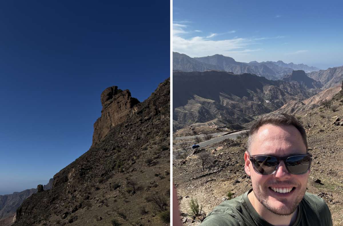 a collage showing the Roque Nublo rock formation up close and a tourist taking a selfie on a winding mountain road in Gran Canaria, Canary Islands, photo by Next Level of Travel