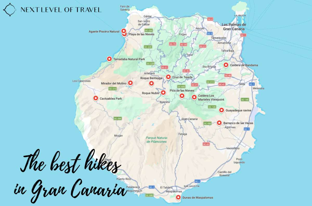 a map of Gran Canaria showing all the best hikes, including Roque Nublo, Pico de las Nieves, Tamadaba Natural Park, and Maspalomas Dune, photo by Next Level of Travel