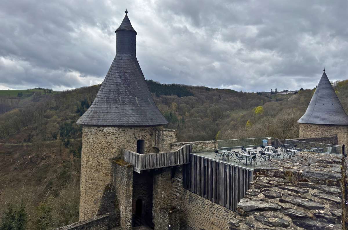 Castle towers and viewing terrace at Bourscheid Castle overlooking the Luxembourg countryside, photo by Next Level of Travel