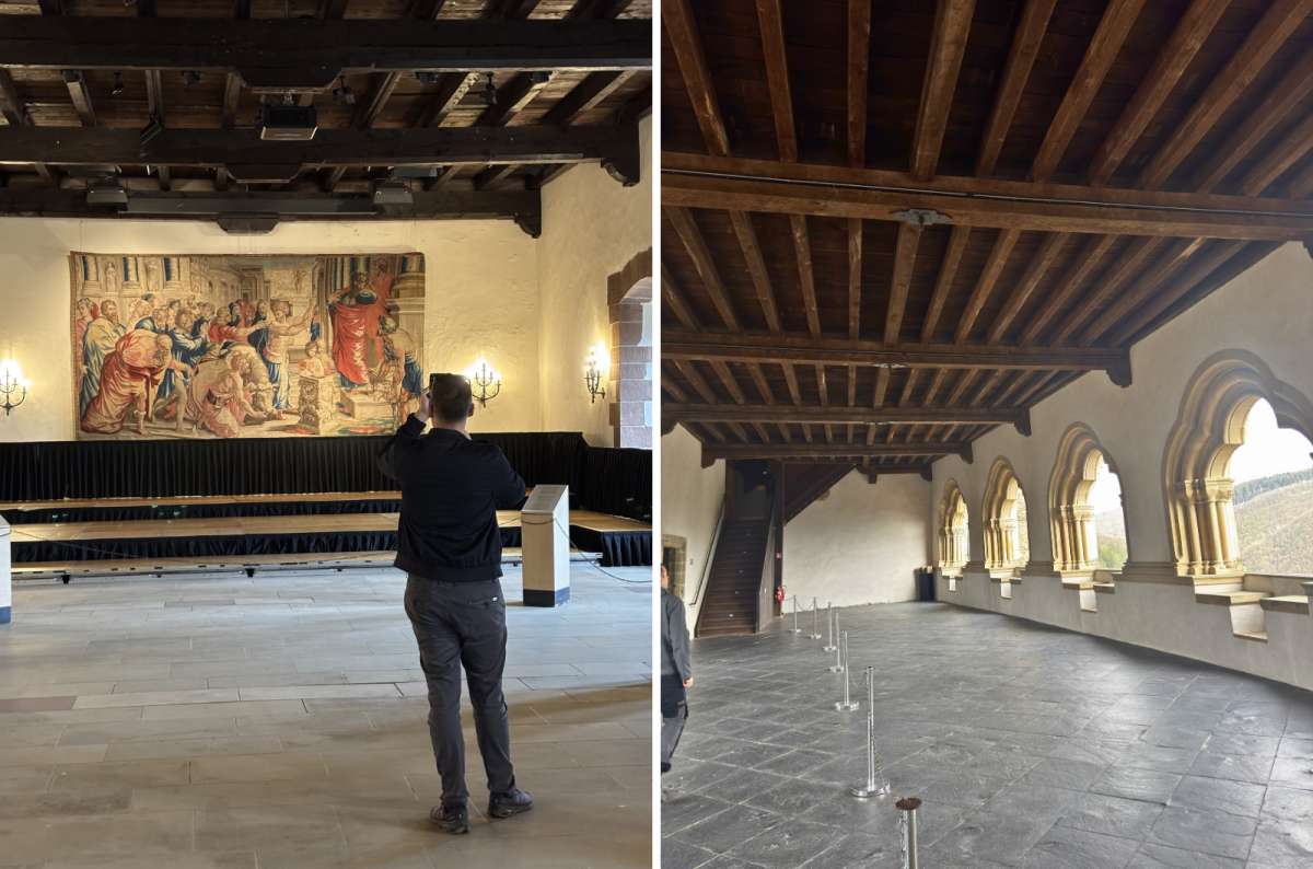 Ceremonial hall with a Flemish tapestry and the Romanesque gallery inside Vianden Castle, Luxembourg, photo by Next Level of Travel