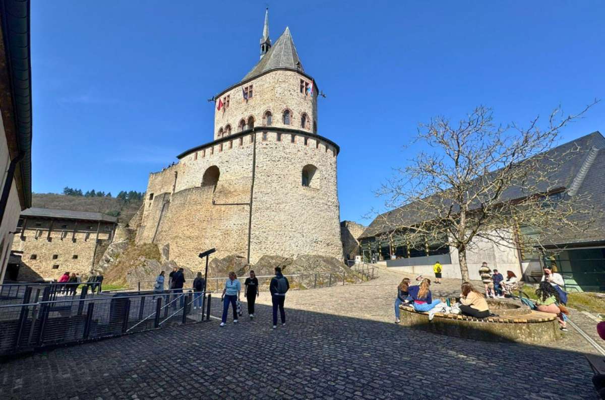 Courtyard and round tower of Vianden Castle in Vianden, Luxembourg