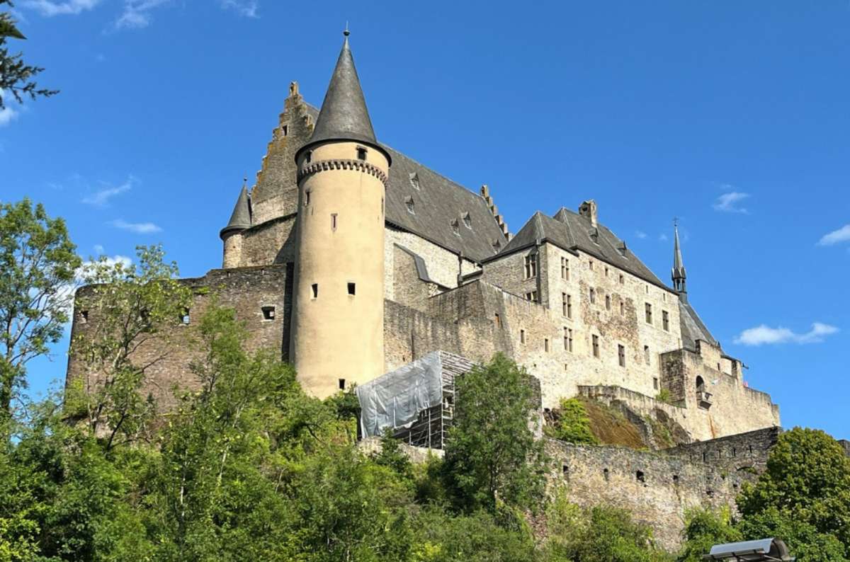 Exterior view of Vianden Castle overlooking the town of Vianden, Luxembourg