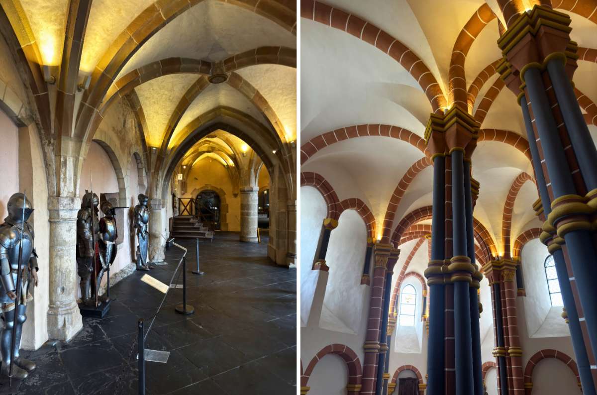 Medieval halls with suits of armor and the Romanesque chapel inside Vianden Castle in Vianden, Luxembourg, photo by Next Level of Travel