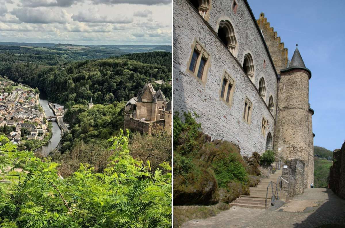 Panoramic view of Vianden Castle above the Our River valley and the castle's exterior walls, Luxembourg