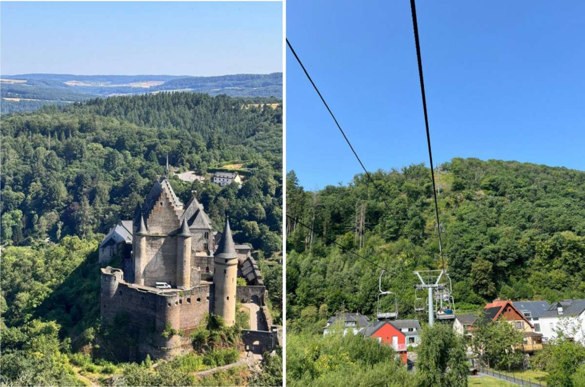 Vianden Castle viewed from the chairlift and the Vianden Chairlift ascending the forested hillside, Luxembourg