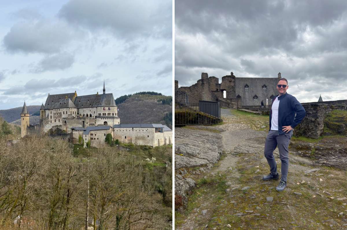 View of Vianden Castle from a nearby viewpoint and Bourscheid Castle ruins with a visitor in Luxembourg, photo by Next Level of Travel