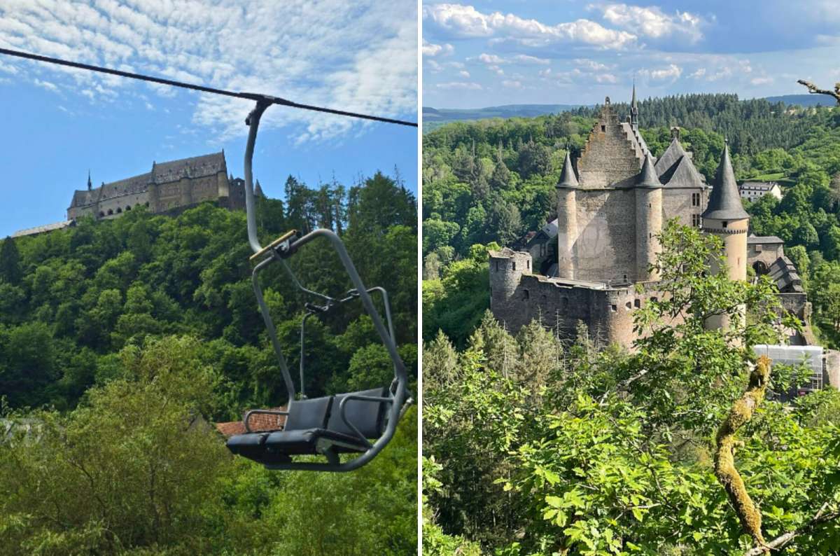 Views of Vianden Castle from the chairlift and upper viewpoint in Vianden, Luxembourg