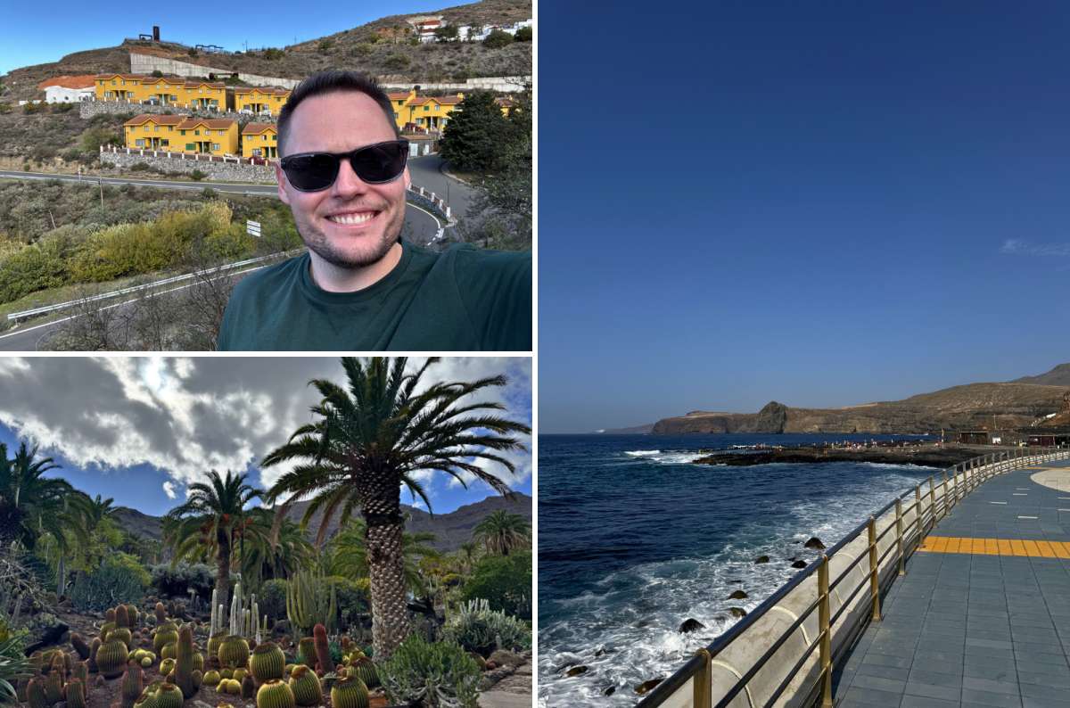 Collage featuring Tejeda, Agaete coastline, Cactualdea Park, and mountain landscapes on a 3-day nature itinerary in Gran Canaria, Spain, photo by Next Level of Travel