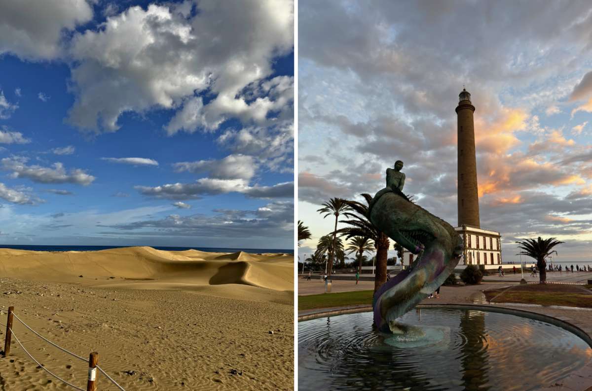 Collage featuring the Maspalomas Dunes and Faro de Maspalomas lighthouse in Gran Canaria, Spain, photo by Next Level of Travel