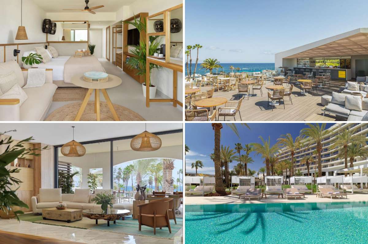Collage of Paradisus Gran Canaria All Inclusive featuring a guest room, pool area, oceanfront terrace, and hotel lounge in San Agustín, Gran Canaria, Spain