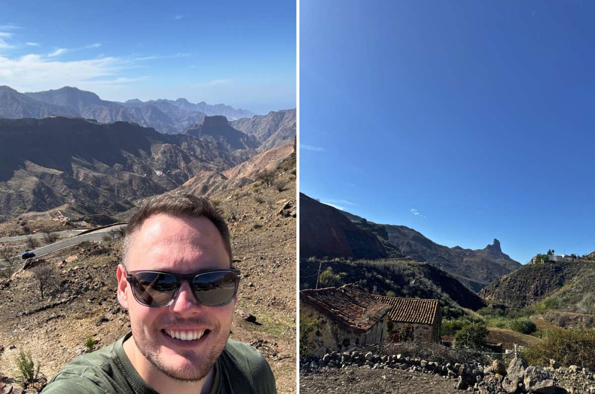 Collage showing mountain views near Roque Bentayga and a distant view of the rock formation, Gran Canaria, Spain, photo by Next Level of Travel