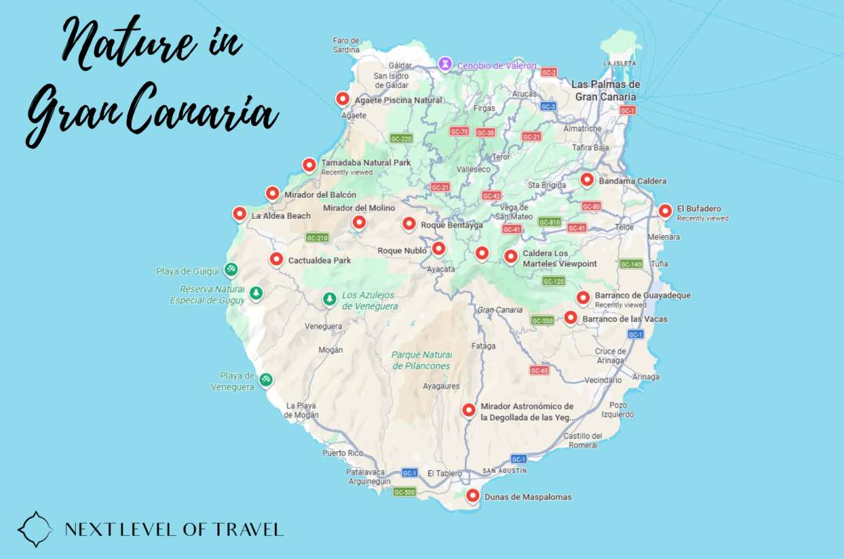 Map of the best spots for nature in Gran Canaria, including Roque Nublo, Tamadaba Natural Park, Dunas de Maspalomas, Bandama Caldera, and Mirador del Balcón, Gran Canaria, Spain