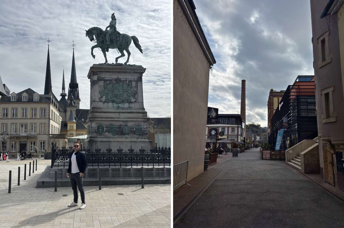 A tourist in front of the equestrian statue on Place Guillaume II, Luxembourg City, Luxembourg, photo by Next Level of Travel