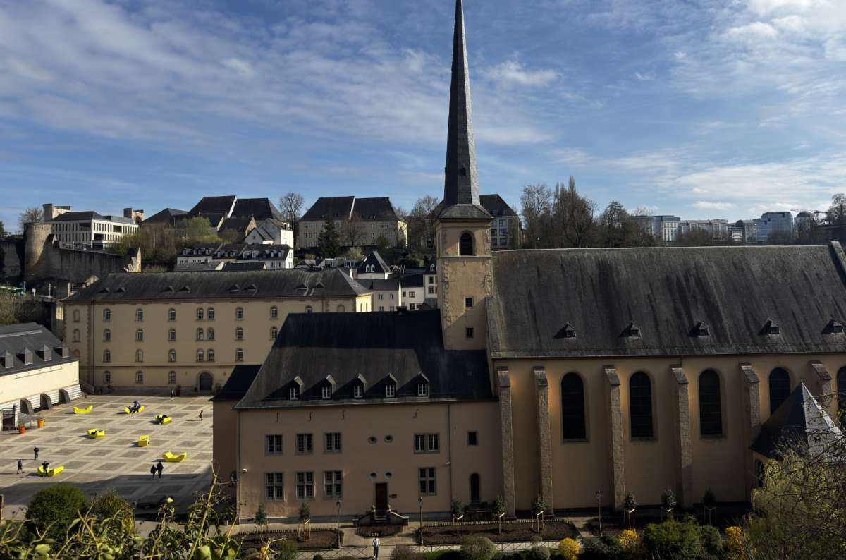 Neimënster Abbey complex beside the Alzette with the upper city above, Luxembourg City, Luxembourg, photo by Next Level of Travel