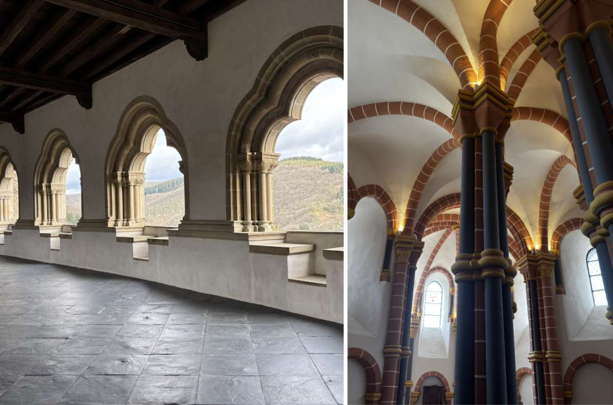 The arched gallery and chapel columns inside Vianden Castle, Vianden, Luxembourg, photo by Next Level of Travel