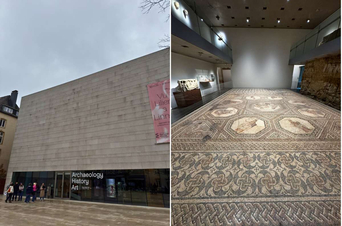 a collage of the Roman Vichten mosaic on the left and the National Museum of Archaeology, History and Art building on the right, Luxembourg City, photo by Next Level of Travel