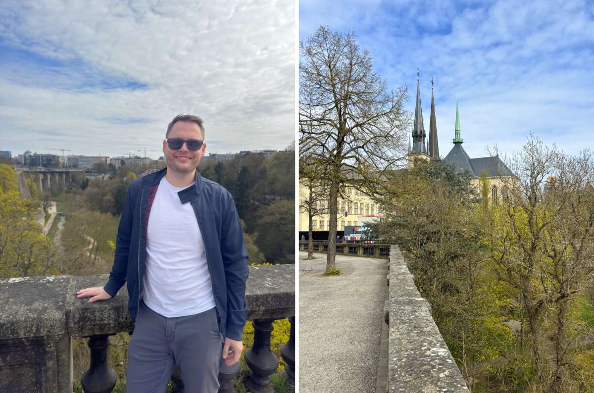 a diptych photo of a tourist on the Corniche on the left and a walkway toward the cathedral spires on the right, Luxembourg City, photo by Next Level of Travel