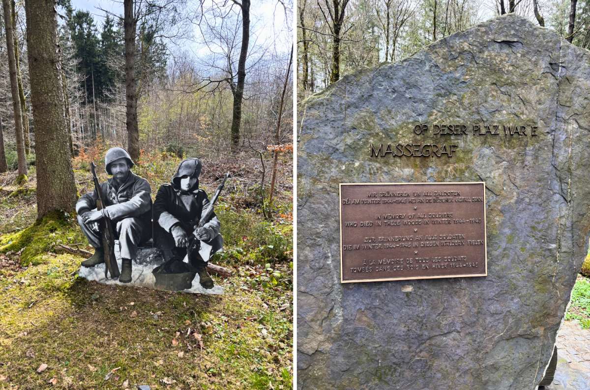 a photo of life-size soldier cutouts marking a foxhole on the Schumannseck WWII Memorial Trail, Schumannseck, photo by Next Level of Travel