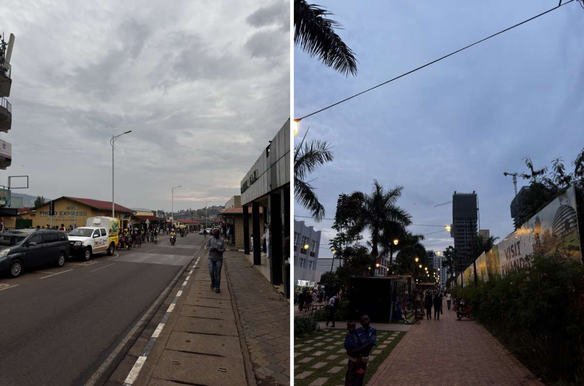 a diptych photo of a Kigali street with a motorbike taxi on the left and a palm-lined city avenue at dusk on the right, Kigali, Rwanda, photo by Next Level of Travel