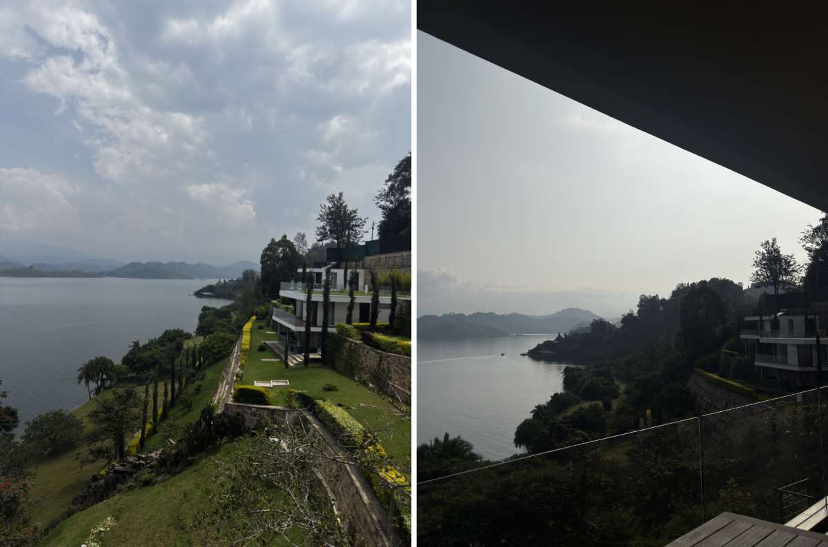 a diptych photo of a lakeside lodge above Lake Kivu on the left and the palm-lined lakeshore on the right, Lake Kivu, Rwanda, photo by Next Level of Travel