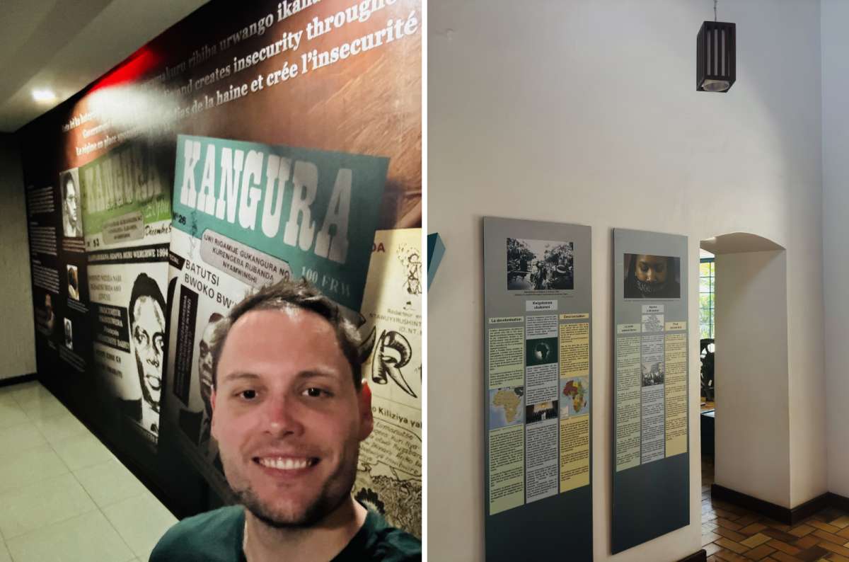a diptych photo of a newspaper display inside the Campaign Against Genocide Museum on the left and a 1880 map of Africa exhibit on the right, Kigali, Rwanda, photo by Next Level of Travel