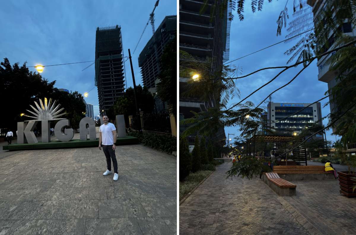a diptych photo of a tourist at the Kigali city sign on the left and the sign against the evening skyline on the right, Kigali, Rwanda, photo by Next Level of Travel