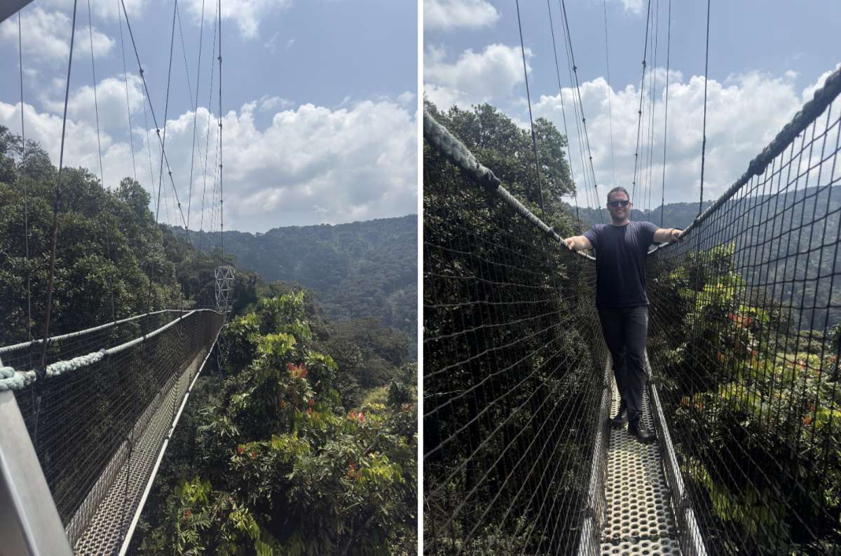 a diptych photo of a tourist on the Nyungwe canopy suspension bridge, two frames side by side, Nyungwe National Park, Rwanda, photo by Next Level of Travel 