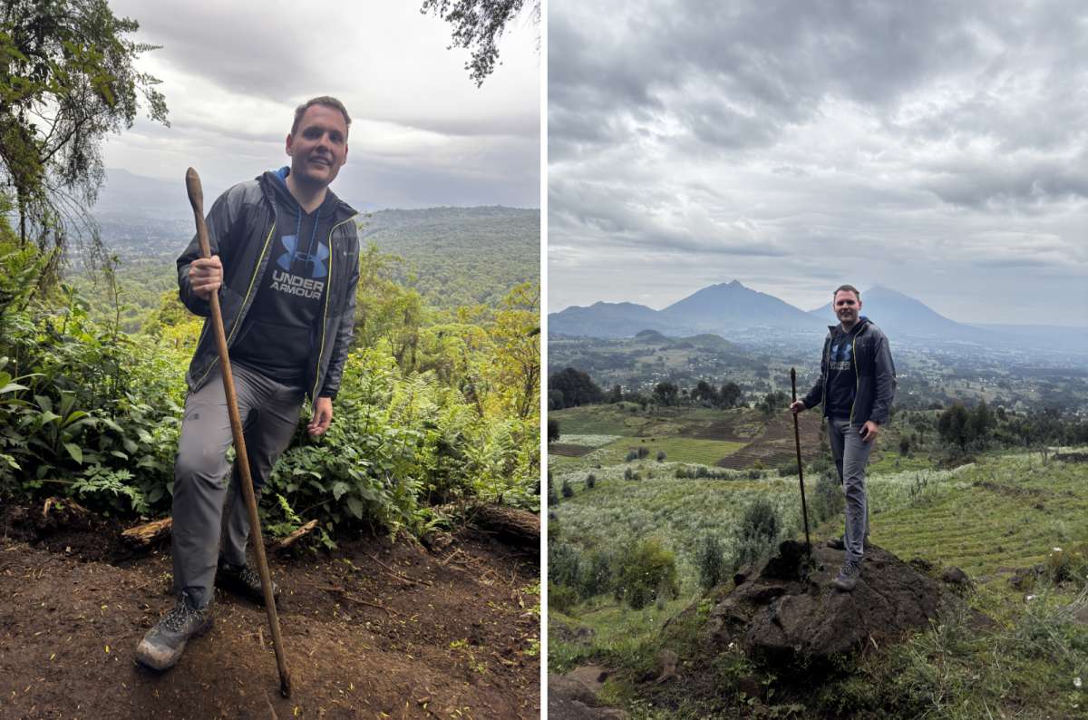 a diptych photo of a tourist resting mid-climb on the left and the Virunga volcanoes panorama on the right, Volcanoes National Park, Rwanda, photo by Next Level of Travel