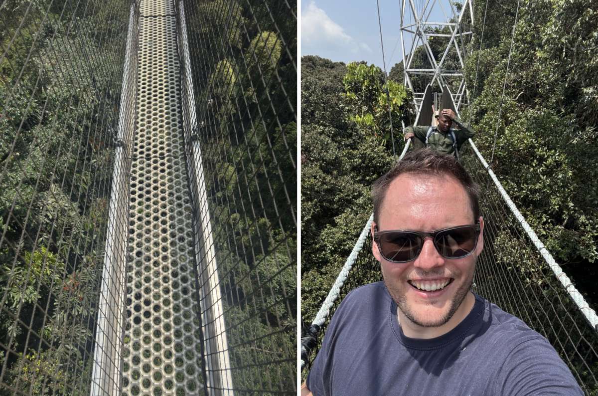 a diptych photo of the canopy walkway seen along its length on the left and a tourist grinning on the bridge on the right, Nyungwe National Park, Rwanda, photo by Next Level of Travel