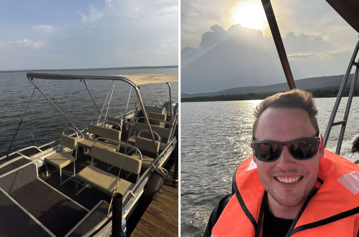 a diptych photo of the Lake Ihema tour boat on the left and a tourist in a life vest on the boat on the right, Akagera National Park, Rwanda, photo by Next Level of Travel 