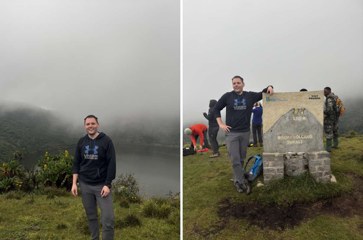 a diptych photo of the misty Bisoke crater lake on the left and a tourist at the summit marker on the right, Mount Bisoke, Volcanoes National Park, Rwanda, photo by Next Level of Travel