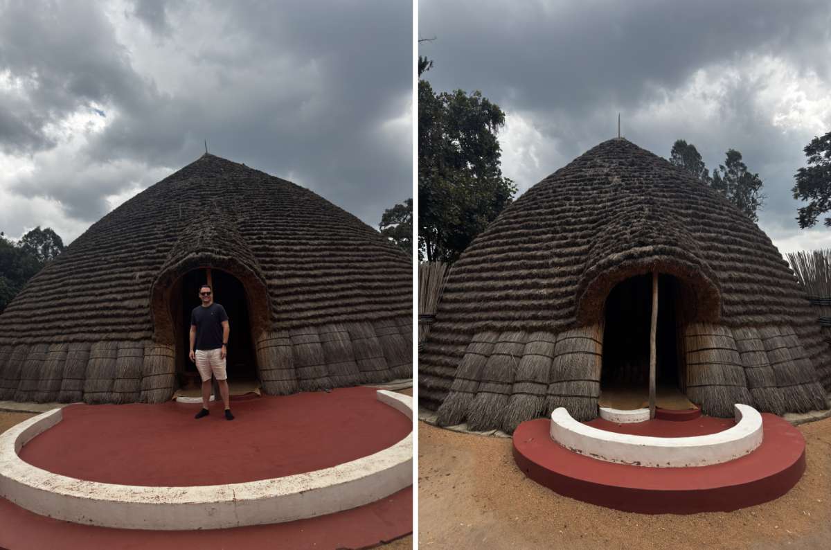 a diptych photo of the tall thatched royal palace hut at Nyanza, two frames side by side, Nyanza, Rwanda, photo by Next Level of Travel