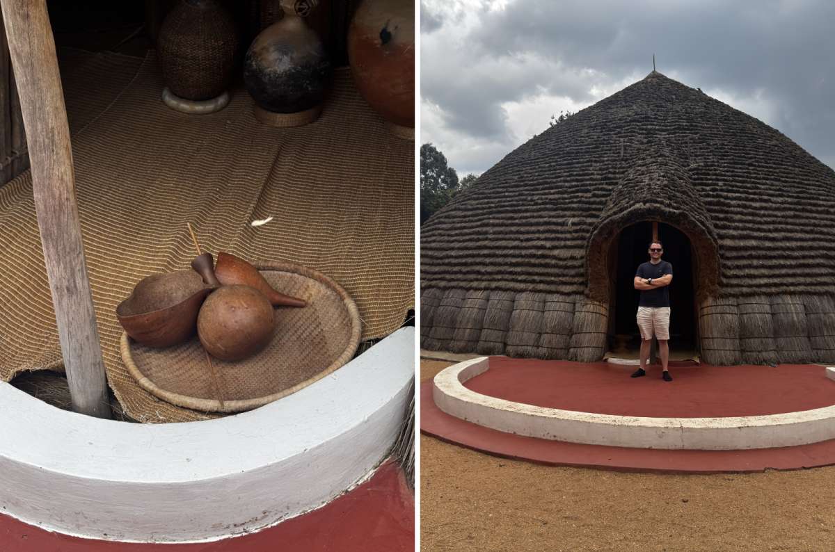 a diptych photo of traditional milk pots inside the royal hut on the left and the palace hut exterior on the right, Nyanza, Rwanda, photo by Next Level of Travel