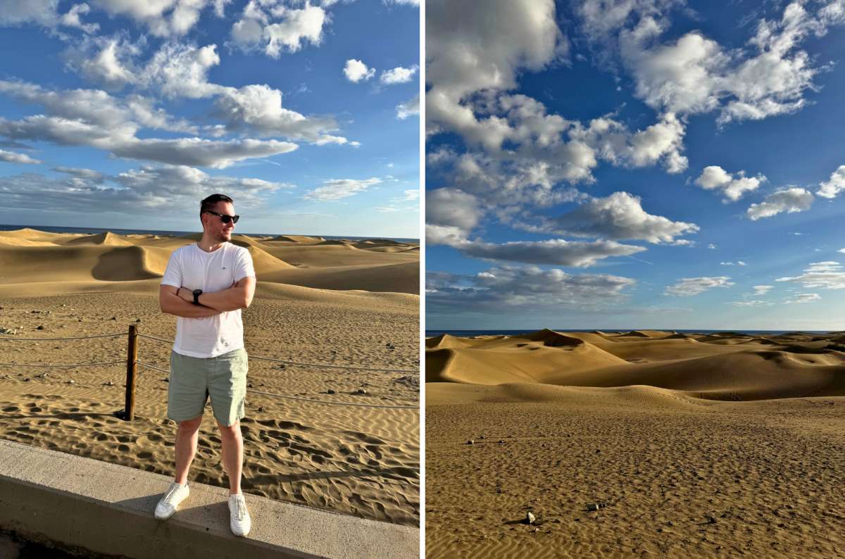 a tourist standing in front of the Maspalomas dunes on the left and a wide view of the dunes and coastline on the right, Gran Canaria, photo by Next Level of Travel