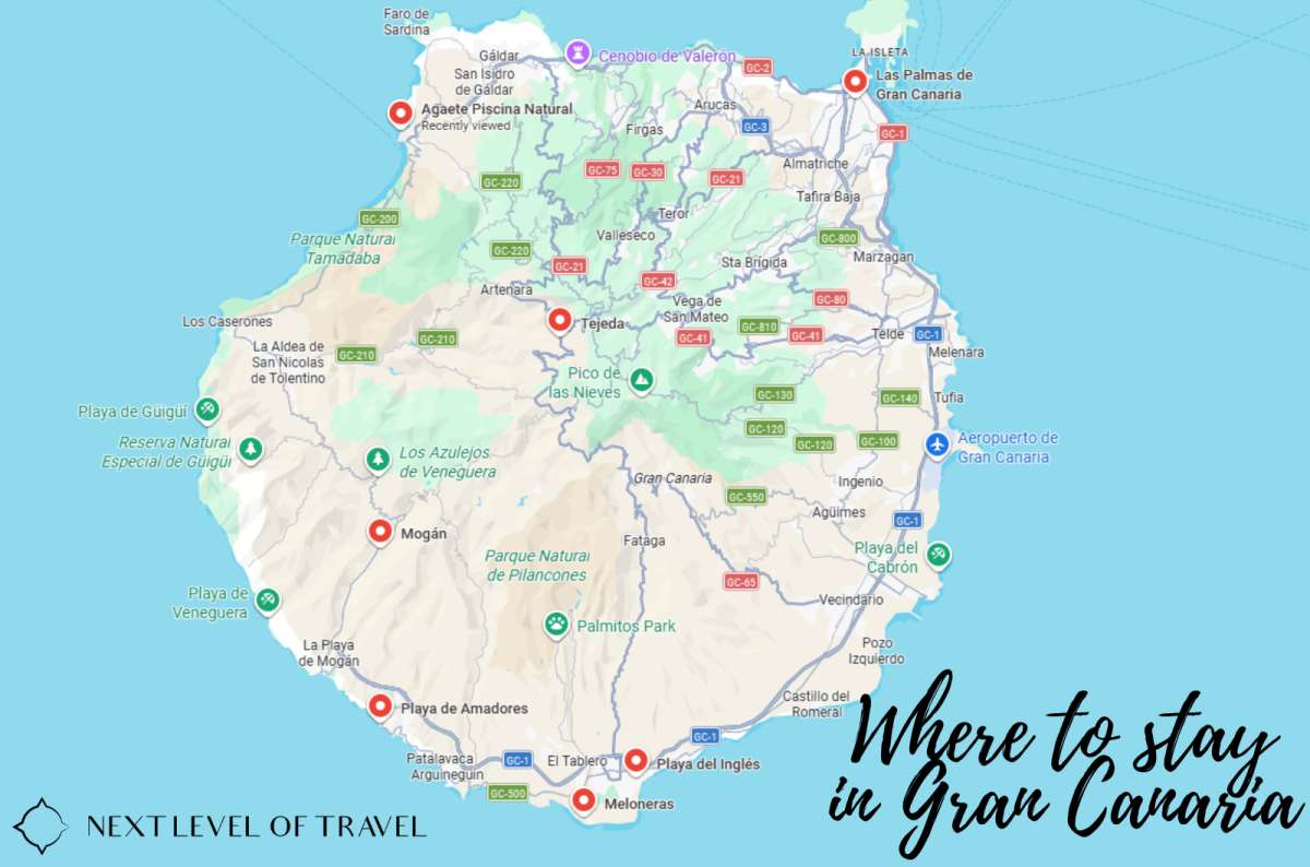 Alt text: a map of Gran Canaria highlighting the best areas to stay, including Maspalomas, Meloneras, Puerto de Mogán, created by Next Level of Travel