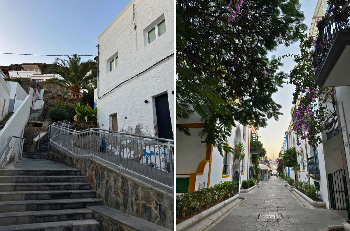 hoto of a stone staircase and a bougainvillea-covered street in Puerto de Mogán, Gran Canaria, photo by Next Level of Travel