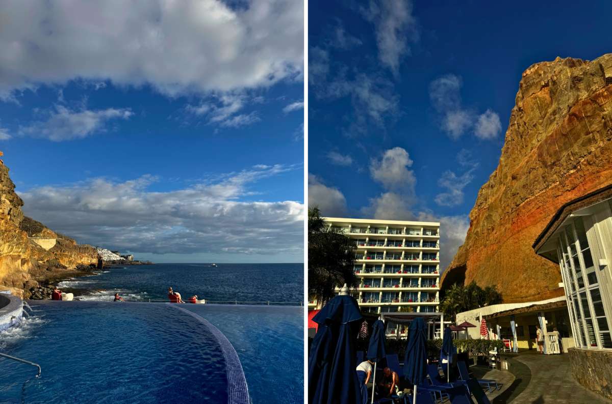 photo of an infinity pool overlooking the ocean on the left and the Marina Suites hotel against the cliffside on the right, Gran Canaria, photo by Next Level of Travel