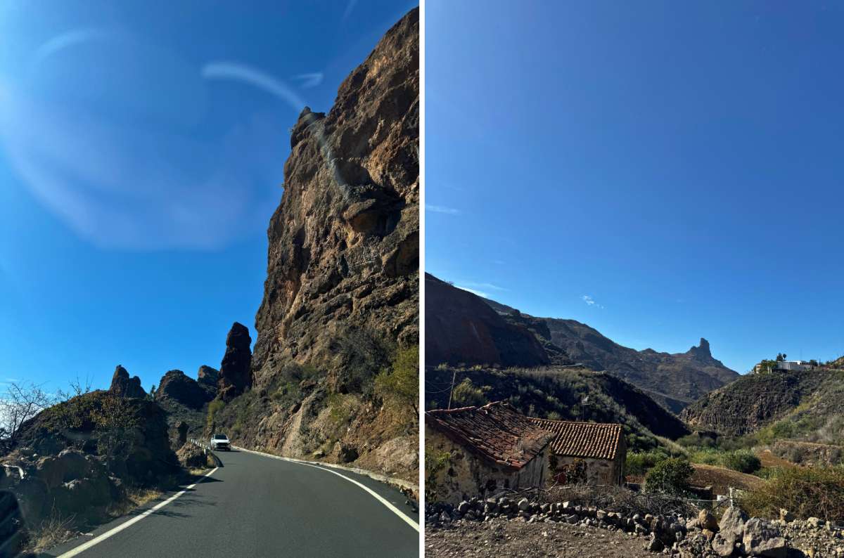 photo of the road cutting through the cliffs on the left and a stone farmhouse below Roque Bentayga on the right, Gran Canaria, photo by Next Level of Travel