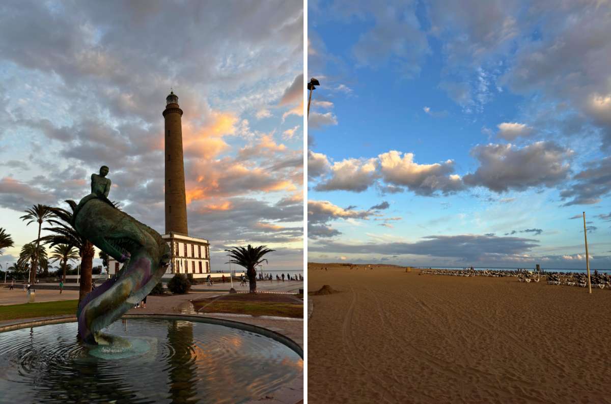 the Faro de Maspalomas lighthouse and fountain statue, Maspalomas beach, Gran Canaria, photo by Next Level of Travel