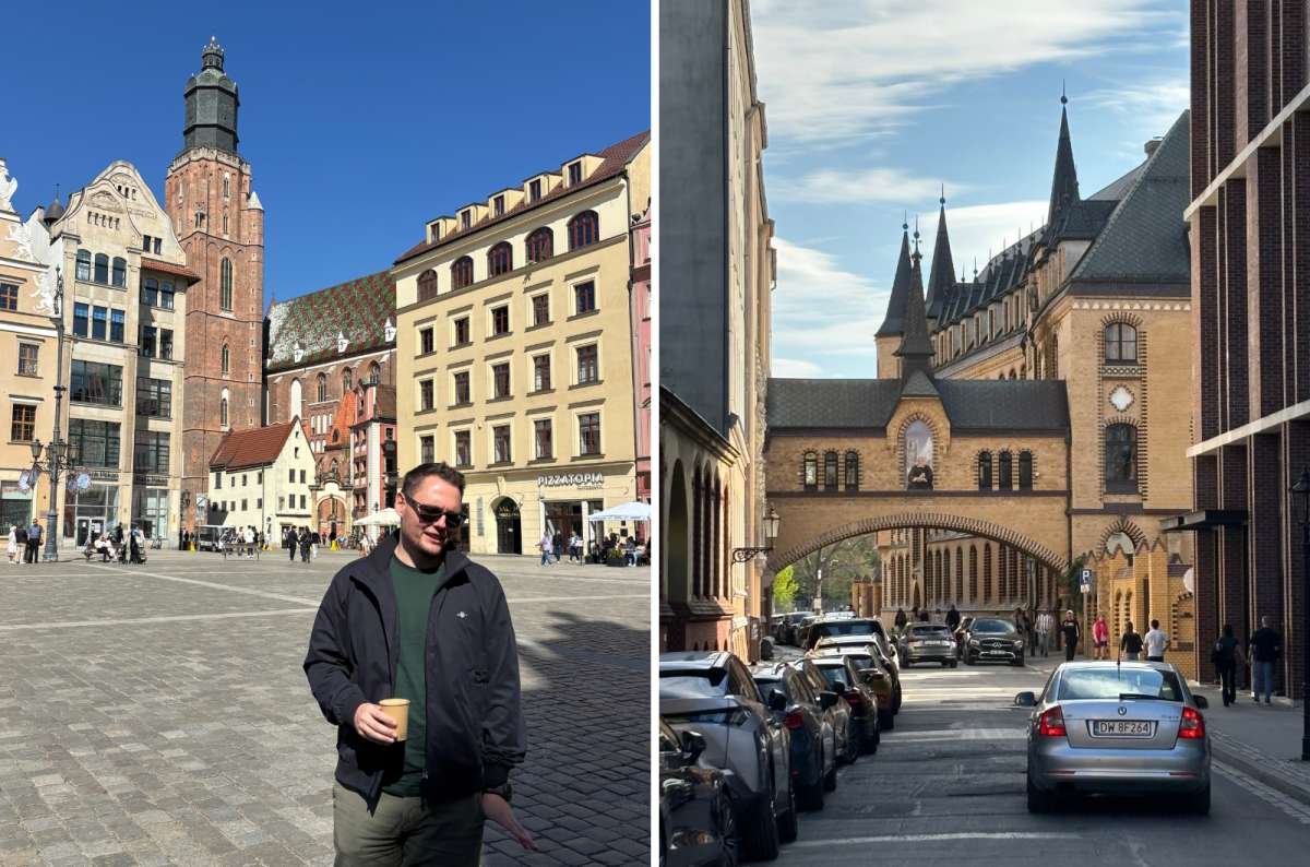 a collage from the central part of Wroclaw with a torurist posing in front of the old quare and a photo of the streets showing cars parking along the sidewalk, Poland, photo by Next Level of Travel