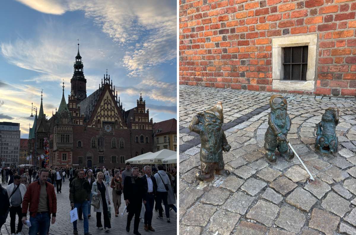 a collage of photos from the center of Wroclaw, showing the old town square and three miniature dwarf statues, Poland, photo by Next Level of Travel