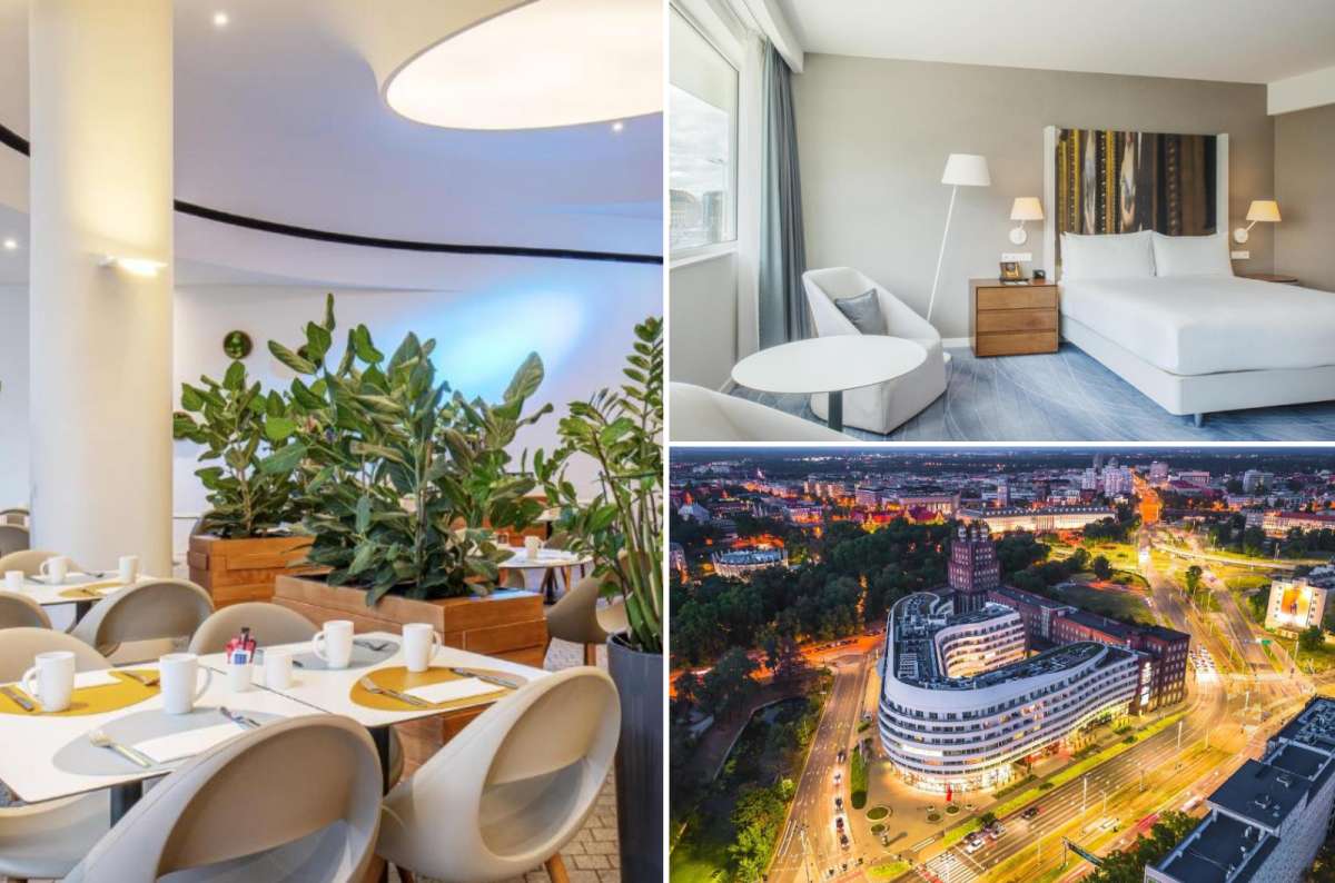 a collage of photos from the DoubleTree by Hilton Wroclaw showing both the interior and the exterior, Poland