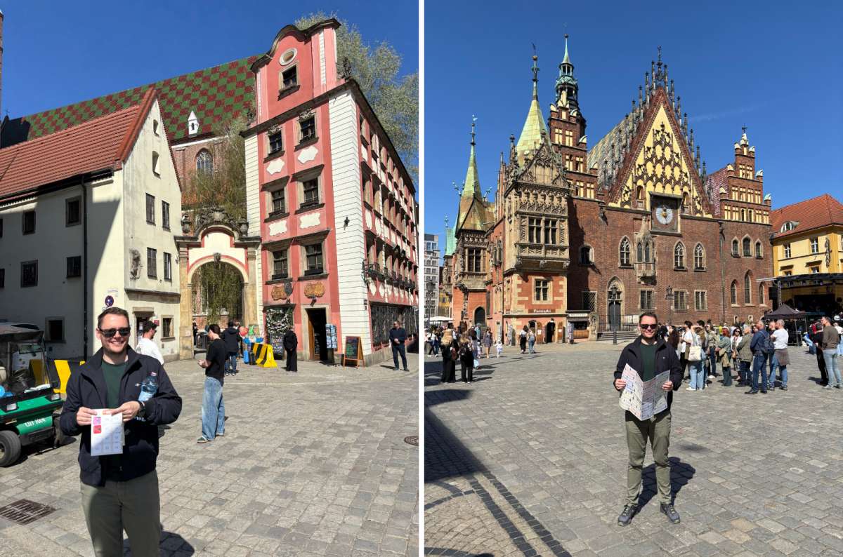 a collage of photos from the main square in Wroclaw, with a torusit posing with the map for the scavenger hunt, Poland, photo by Next Level of Travel