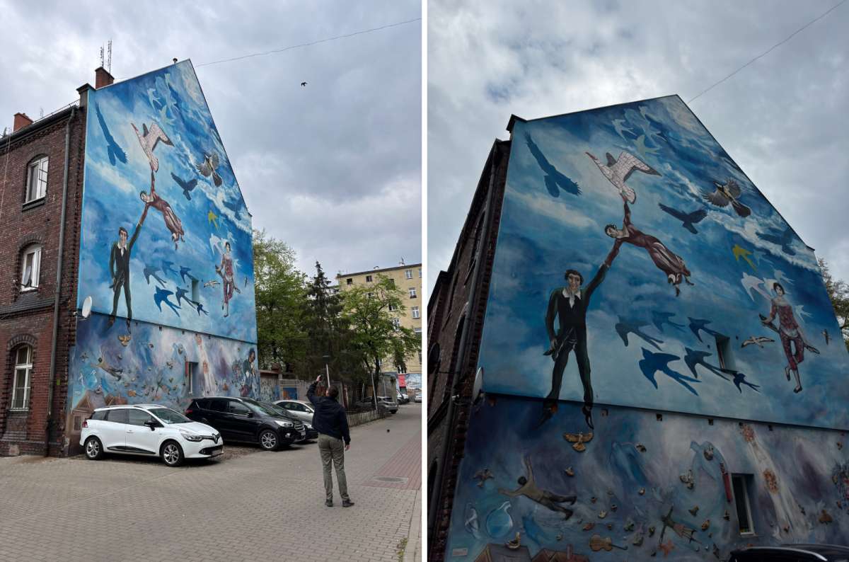 a collage of photos from the Roosevelt Street showing a torusit taking a photo of one of the decorated houses, Poland, photo by Next Level of Travel